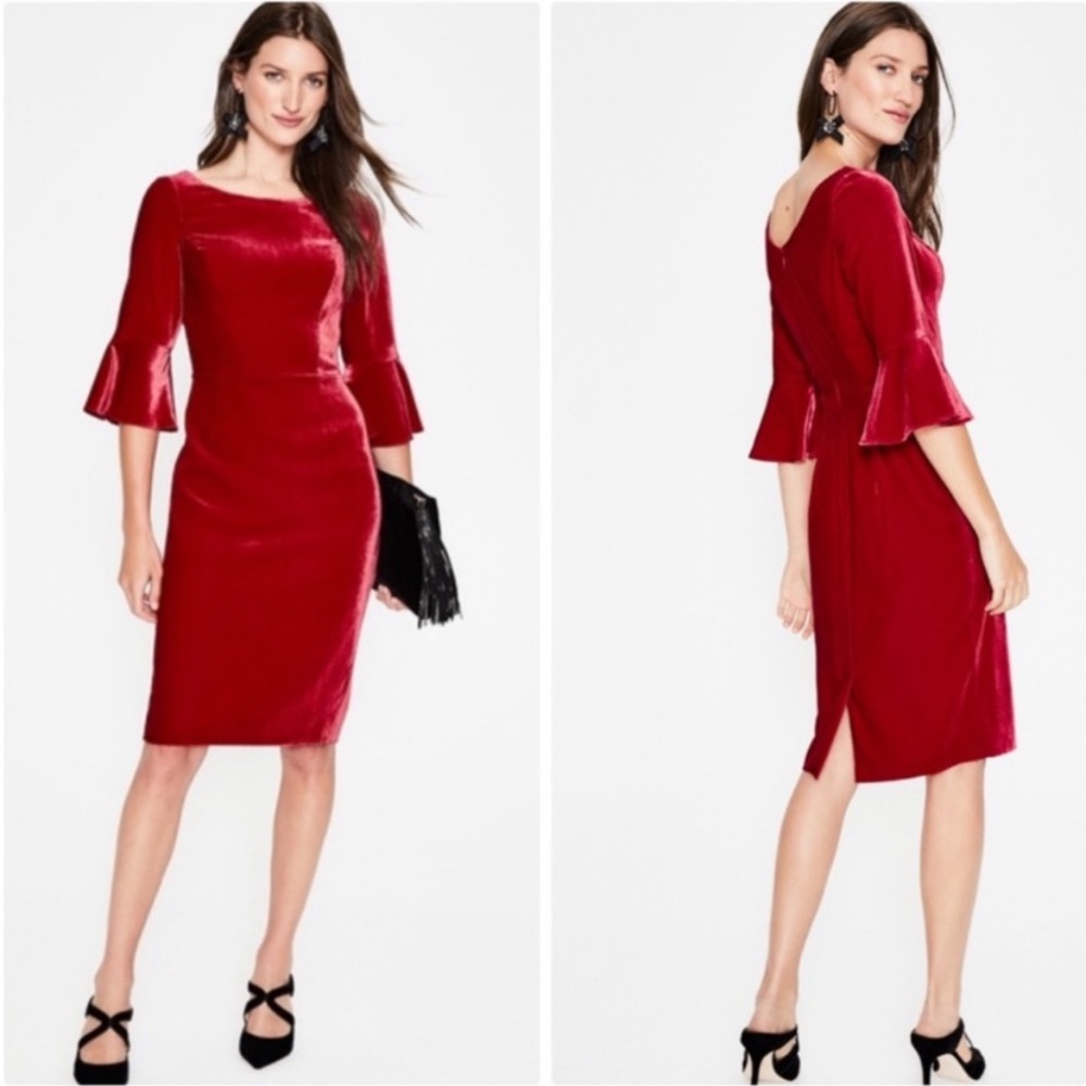 NEW Boden Aubrey Poinsettia Red Velvet Flute Sleeve Velvet Silk Dress Size 6P